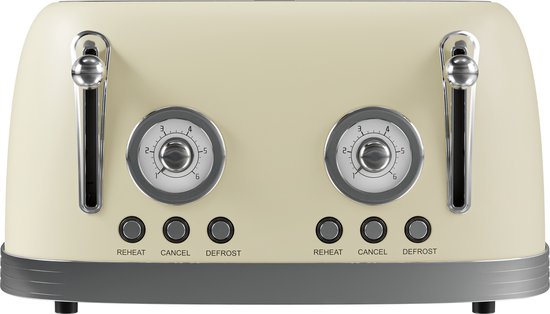 KitchenBrothers Retro-Toaster - Toaster - 6 Heizstufen - 4 extra breite Schlitze - 815W - Beige