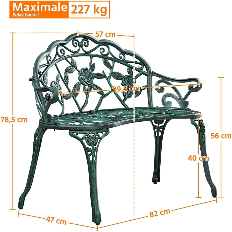 Yaheetech Vintage-Gartenbank 99,5 x 57 x 78,5 cm – Grün – 2-Sitzer – Metall – 227 kg