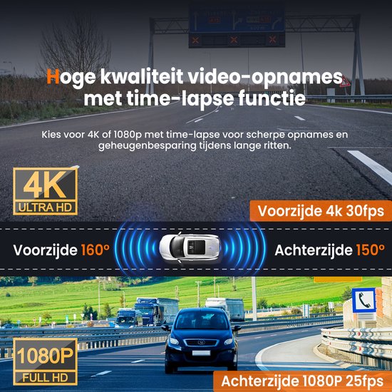 Dashcam für Auto vorne und hinten - 4K und 64GB - Dual Dashcam - G-Sensor und Zeitrafferfunktion - Schwarz - von Faas