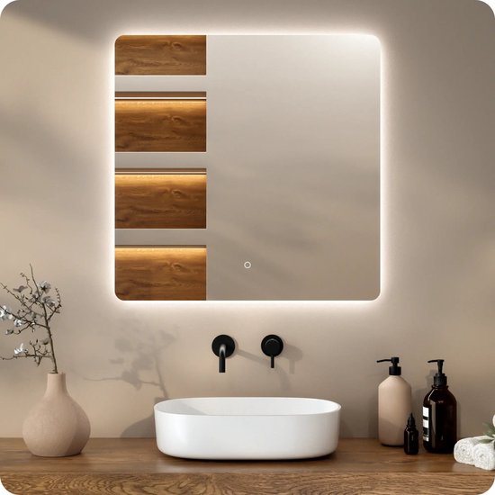Mirlux Badezimmerspiegel mit LED-Beleuchtung und Heizung – quadratischer Wandspiegel – beschlagfreier Duschspiegel – rahmenlos – 80 x 80 cm
