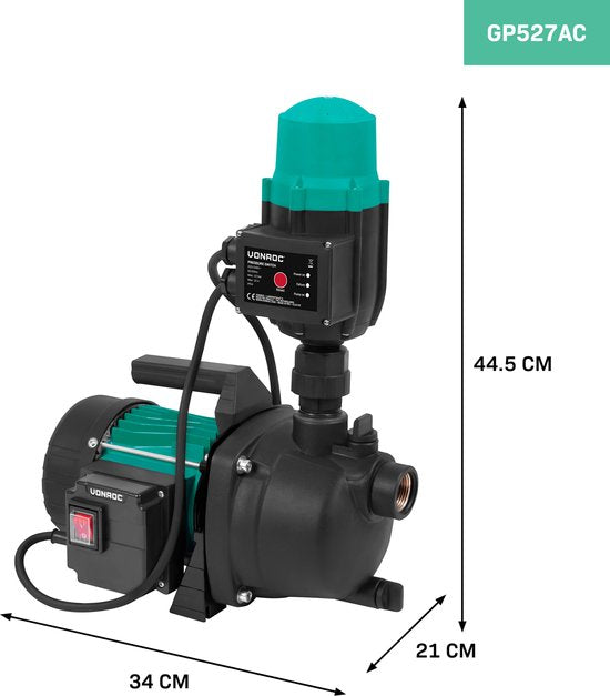VONROC Hauswasserwerk / Automatische Pumpe - 800W - 3300l/h - Mit Druckschalter - Trockenlaufschutz - Zum Bewässern und Haushaltswasser