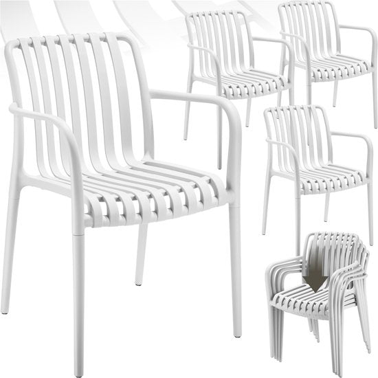 tectake® 4er-Set Gartenstühle Alcudia – Creme – Kunststoffstühle mit Armlehnen – Gartenset für den Gartentisch oder auf dem Campingplatz – stapelbar – Stühle für Garten, Terrasse oder Balkon - Wetter- und UV-beständig - Tragkraft 120 kg pro Gartenstuhl
