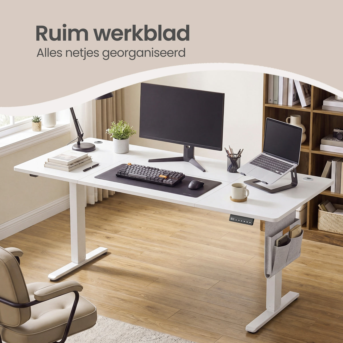 JOYFURNOS Elektrisch höhenverstellbarer Schreibtisch, 180 x 80 cm, stufenlos verstellbar, Speicherfunktion für 4 Höhen, wolkenweiß
