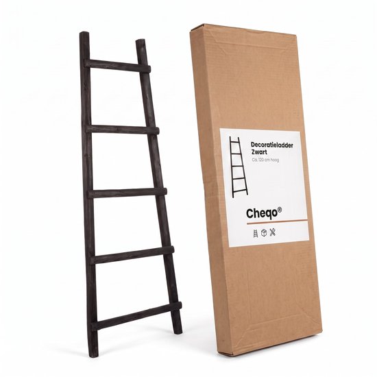 Cheqo® Dekorationsleiter – Handtuchleiter – Dekorationsleiter aus Holz – Schwarze Dekorationsleiter - Leiterregal – Handtuchhalter – Zierleiter – Badezimmerleiter – Kleiderleiter – Dekorative Leiter für den Innenbereich – Leiter für Plaids – Wohnleiter