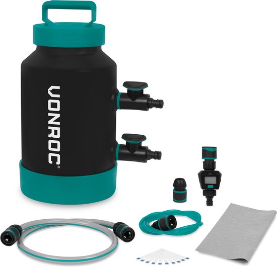 VONROC Wasserenthärter - Tragbar - Enthärtet 1000 Liter pro Regeneration - Inkl. Wasserzähler, Wasserhärteteststreifen, Schläuche & Armaturen