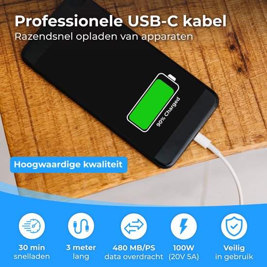 Nuvance USB-C-Kabel – 100 W – USB-C auf USB-C – 3 Meter – USB-C-Kabel – Schnellladegerät – 480 Mb/ps Datenübertragung – USB-C-Ladegerät – Weiß