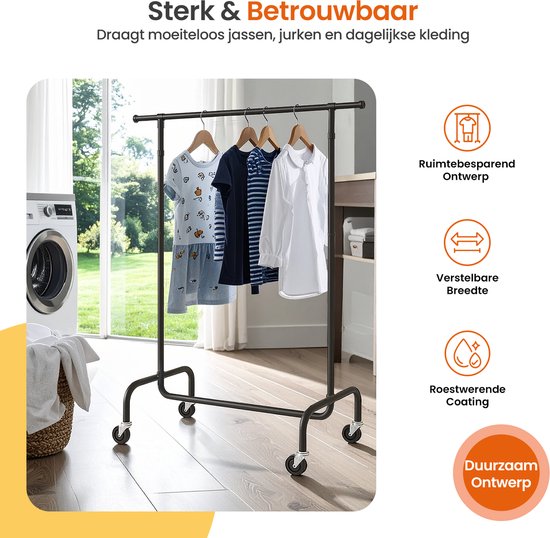 Goliving Kleiderständer auf Rädern XL - Ausziehbarer Kleiderständer 112-150 cm - 130kg Tragkraft - Stabiler Kleiderständer - Metall - Schwarz