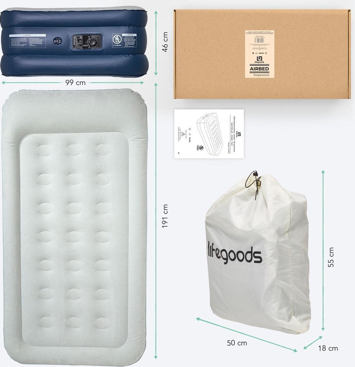 LifeGoods Luftmatratze - Für 1 Person - Mit integrierter Pumpe - Blau/Weiß