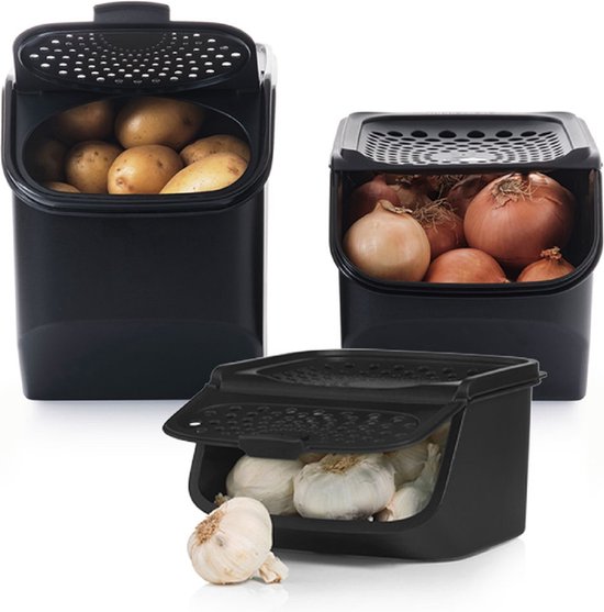 Tupperware-Set – PotatoSmart 8,3 l, OnionSmart 5,5 l & GarlicSmart 2,3 l – Innovative Behälter für Kartoffeln, Zwiebeln und Knoblauch mit optimaler Luftzirkulation – Stapelbares Design – Spülmaschinenfest