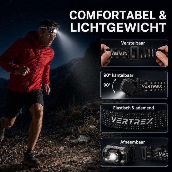 Vertrex LED-Stirnlampe, wiederaufladbar – einstellbarer Lichtstrahl – USB-C – IPX5 – Schwarz