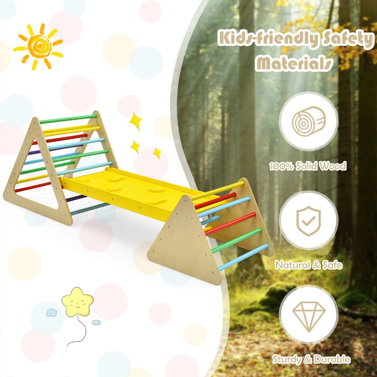 Coast 3-in-1-Kletterspielzeug-Set für Kleinkinder - Bunt - Große Dreiecksleiter 79,5x59,5x70 cm, Kleine Dreiecksleiter 59,5x51x45 cm, Kletterrampe 110x48x7,5 cm