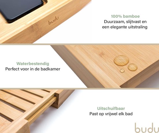 Budu Badebrett Bambus - Badebrett für die Badewanne - Verstellbares Badregal - Badebrett aus Holz - Badregal - Badebrett Holz - 70-105 cm