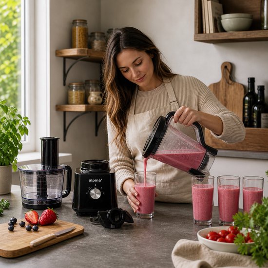 Alpina 3-in-1-Küchenmaschine, Mixer und Smoothie-Maker – Multifunktionale Küchenmaschine – Gemüseschneider – Zerkleinerer – 2 l – BPA-frei – spülmaschinenfest – FP413GS – Schwarz