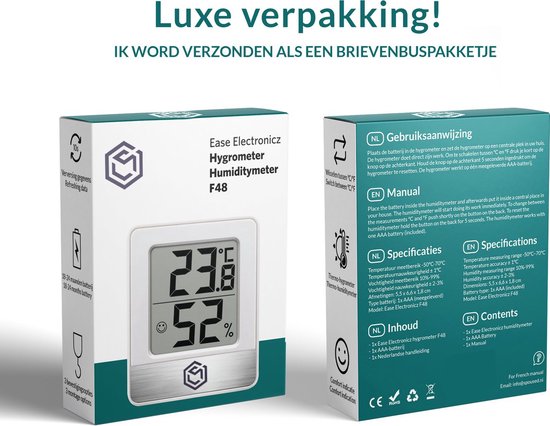 Ease Electronicz Hygrometer - Luftfeuchtigkeitsmesser - Digitale Wetterstation - Luftfeuchtigkeitsmesser - Thermometer für Innenräume - inklusive Batterie