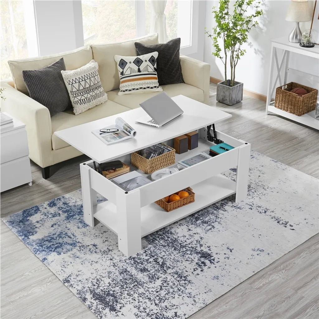 Yaheetech Höhenverstellbarer Couchtisch mit Stauraum, 120 x 59 x 49,5 cm, weiß