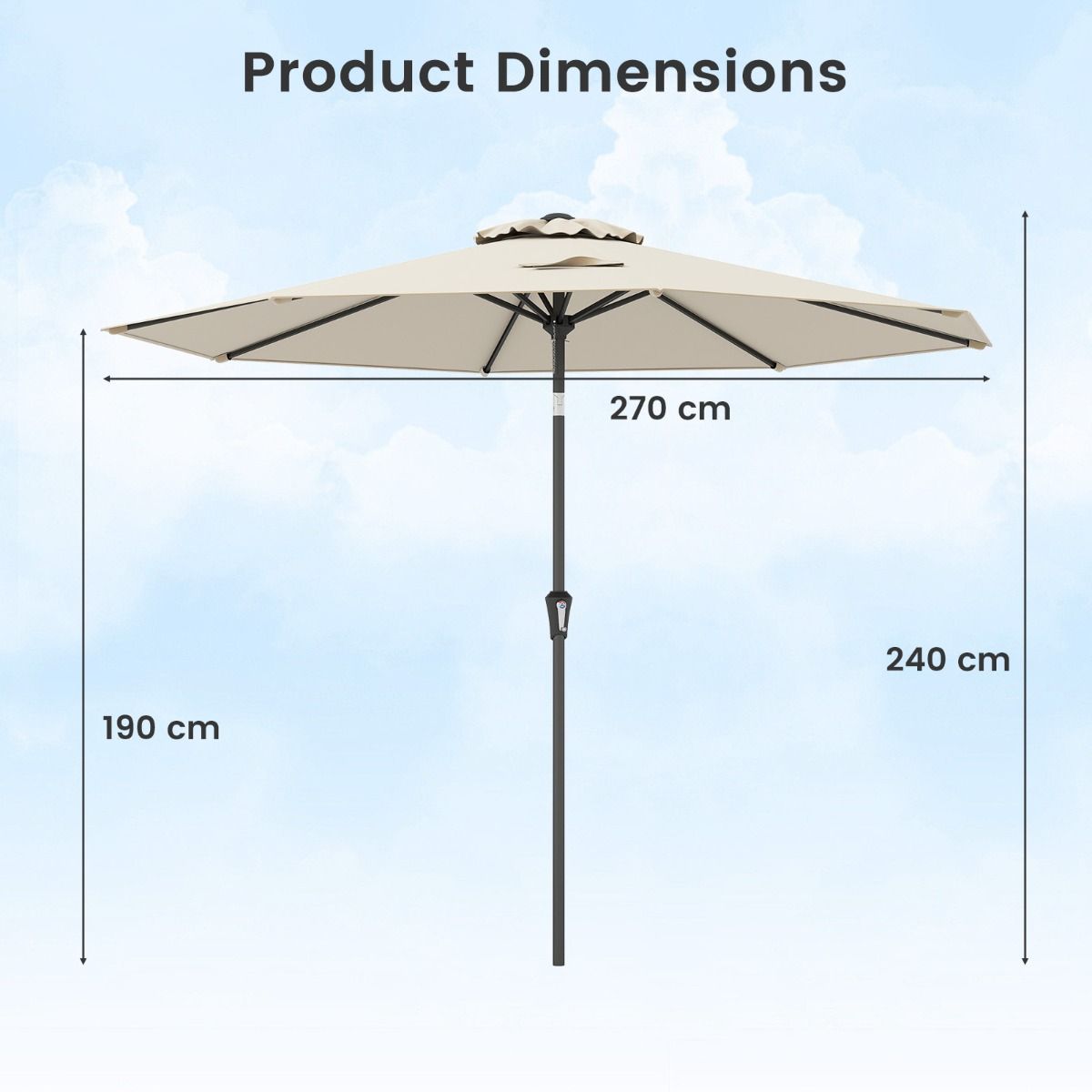 Coast Großer Terrassenschirm – Neigbar mit Kurbel – UV-Schutz – 270 cm – beige