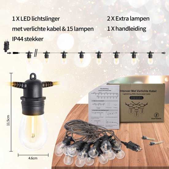 EverNeeds Lichterkette für den Außenbereich - Mit beleuchtetem Kabel - Lichtergirlande 15 LED - 15 Meter - Stimmungsvolle Beleuchtung im Außen- und Innenbereich - Gartenbeleuchtung - Weihnachtsbeleuchtung - Lichtergirlande im Außenbereich - IP65 - 2 Extra