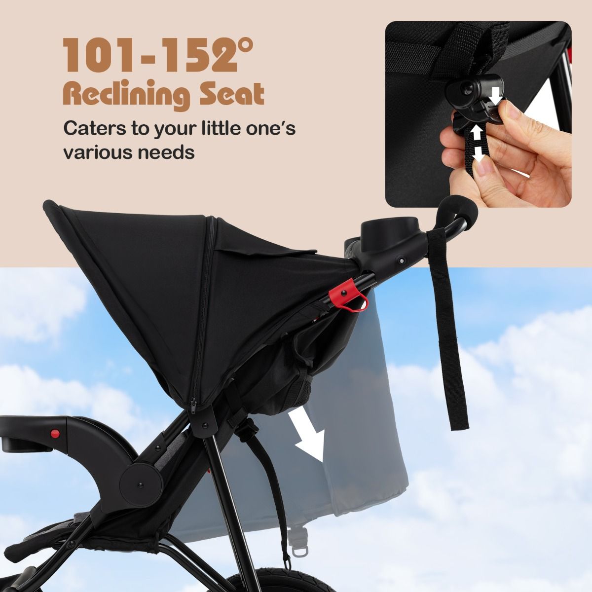 Coast Jogging-Kinderwagen – Zusammenklappbarer Kinderwagen – Verstellbares Sonnendach – Neigbarer Sitz – Schwarz