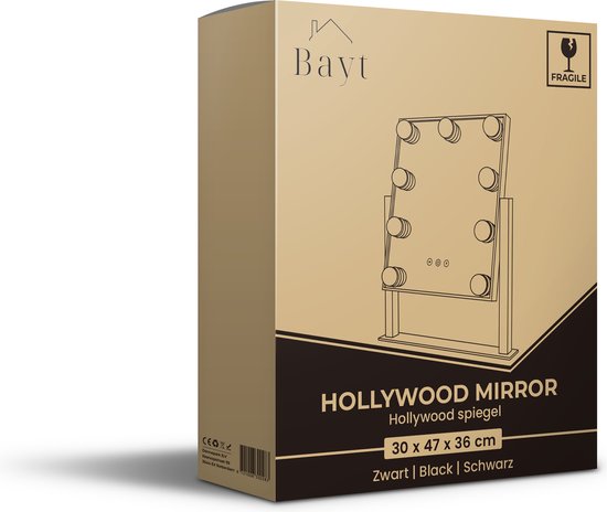 Bayt - Spiegel mit Beleuchtung - Hollywood-Spiegel mit Beleuchtung - Make-up-Spiegel mit Beleuchtung - dimmbar - 10-fache Vergrößerung - 36 x 30 cm - Schwarz