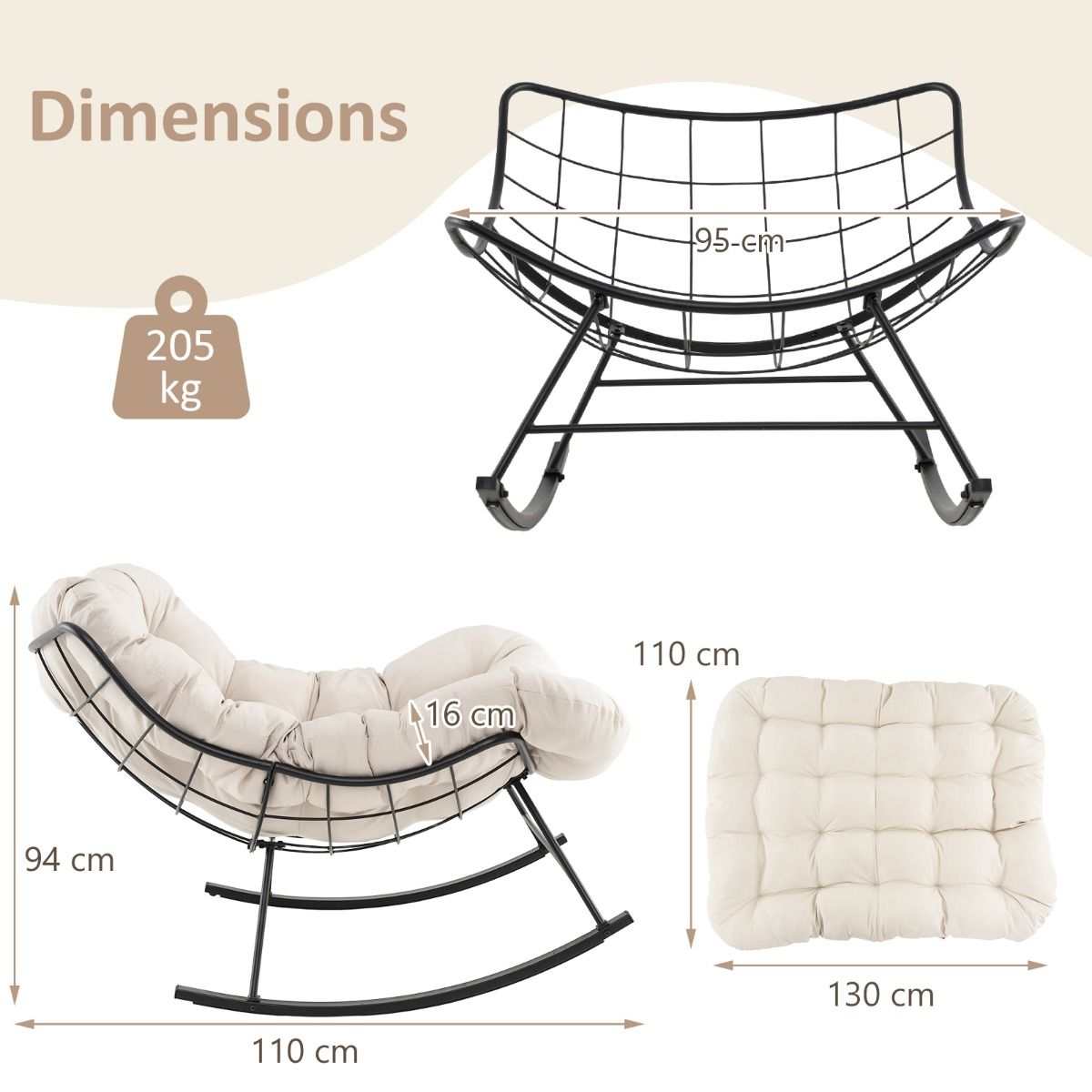 Coast Schaukelstuhl mit gepolstertem Kissen - 110 x 95 x 94 cm - Kapazität 205 kg - Beige