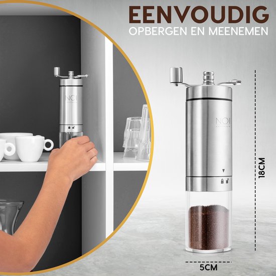 NOI Amsterdam - Manuelle Kaffeemühle - Kaffeemühle - Bohnenmühle mit verstellbaren Positionen inkl. Reinigungsbürste - Edelstahl - Keramikscheiben - Küchenzubehör - Kaffee - Kaffeebohnen