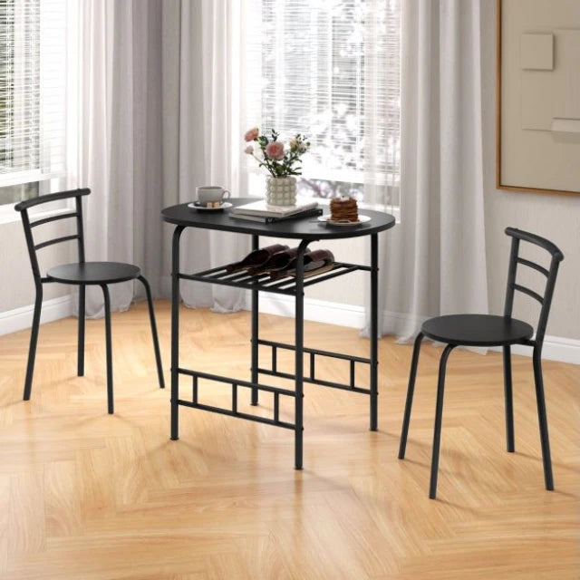 Coast Esstisch-Set Schwarz - 3-teiliges Bar-Tisch-Set mit 2 Stühlen und Weinregal - Tisch 80 x 53 x 77 cm