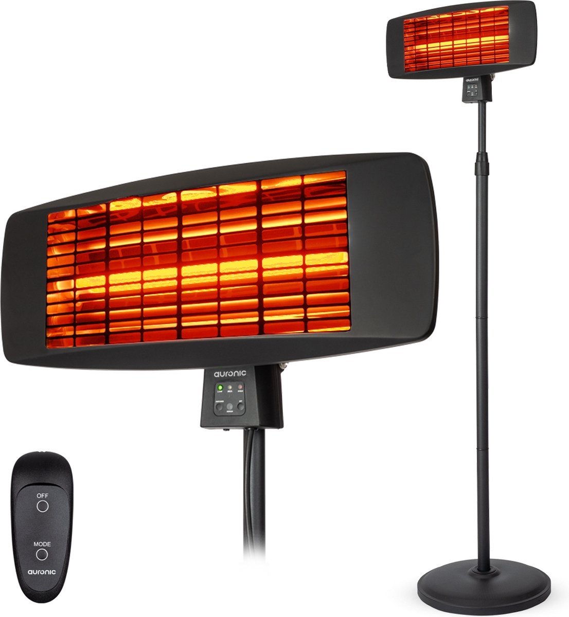 Auronic Terrassenheizer - 2000W - Hängeleuchte und Standfuß - Inkl. Fernbedienung - 3 Stufen - Schwarz