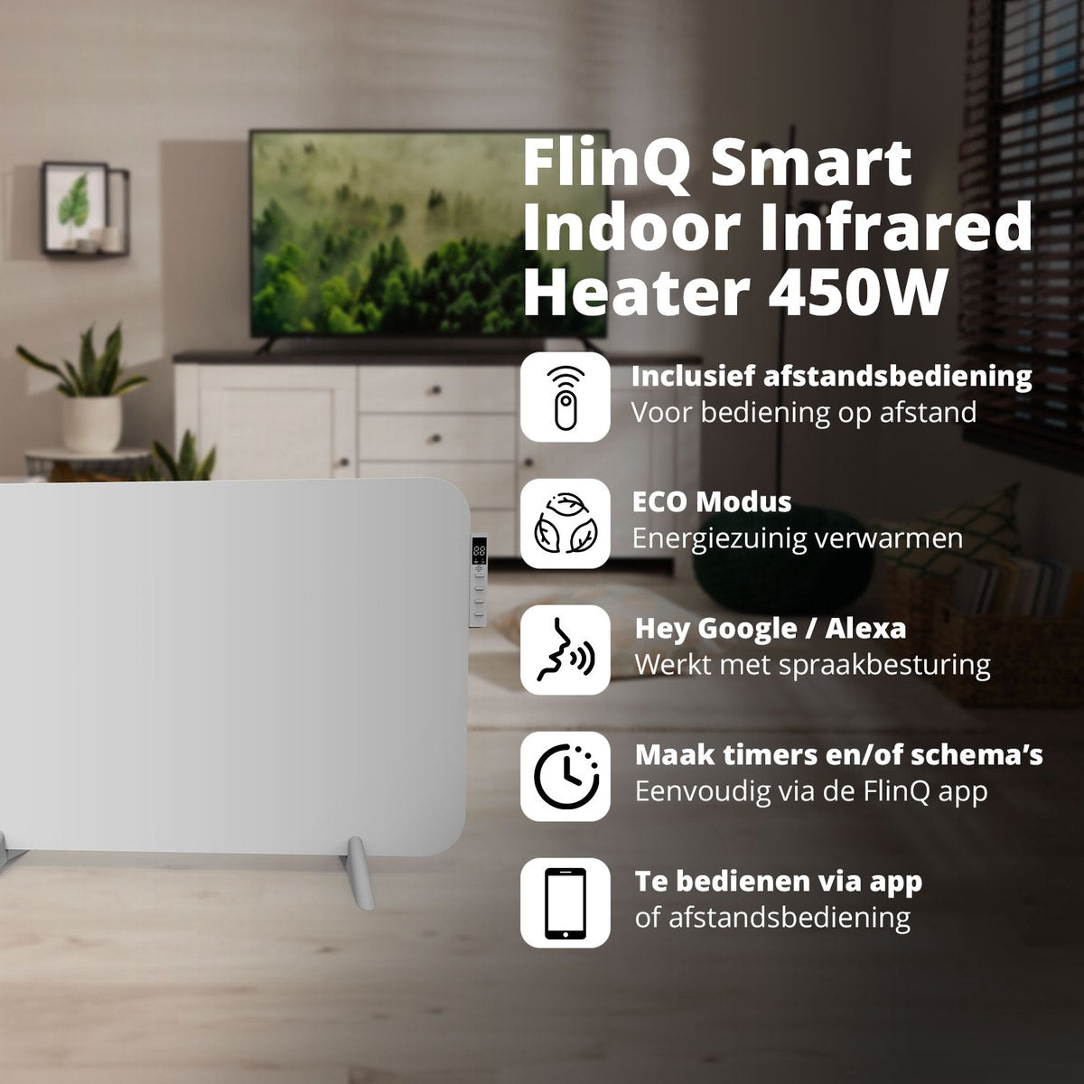 FlinQ Infrarotheizung - 450 W - Bis zu 12 m² - Inkl. Thermostat - 45 x 72,5 x 2,8 cm - Weiß