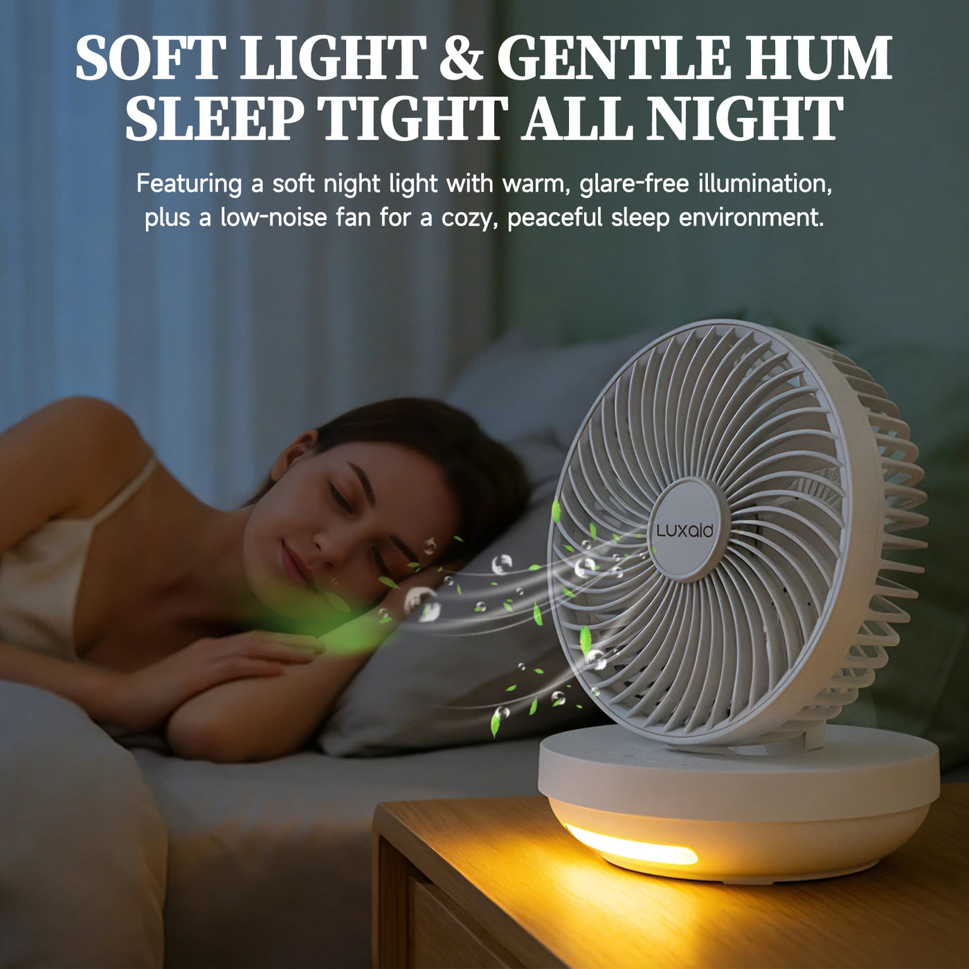 Luxaid klappbarer Tischventilator mit Fernbedienung, 4000-mAh-Akku, Typ-C-Aufladung, 3 Geschwindigkeitsstufen, 4-Stunden-Timer, Nachtlicht, Wandmontage, tragbar und kompakt