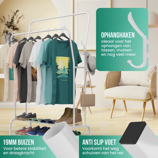 Avalo Industrieller Kleiderständer Doppelstab - Metall - 110x33x150 CM - Weiß - Aufbewahrung für Schuhe - Garderobenständer mit Haken