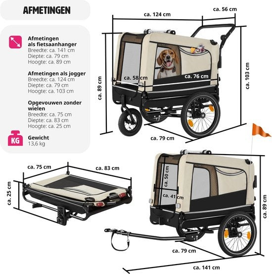 tectake - Dog WoofRider Fahrradanhänger - beige - zusammenklappbar, bis zu 40 kg - Hundebuggy Hundekinderwagen - 404945