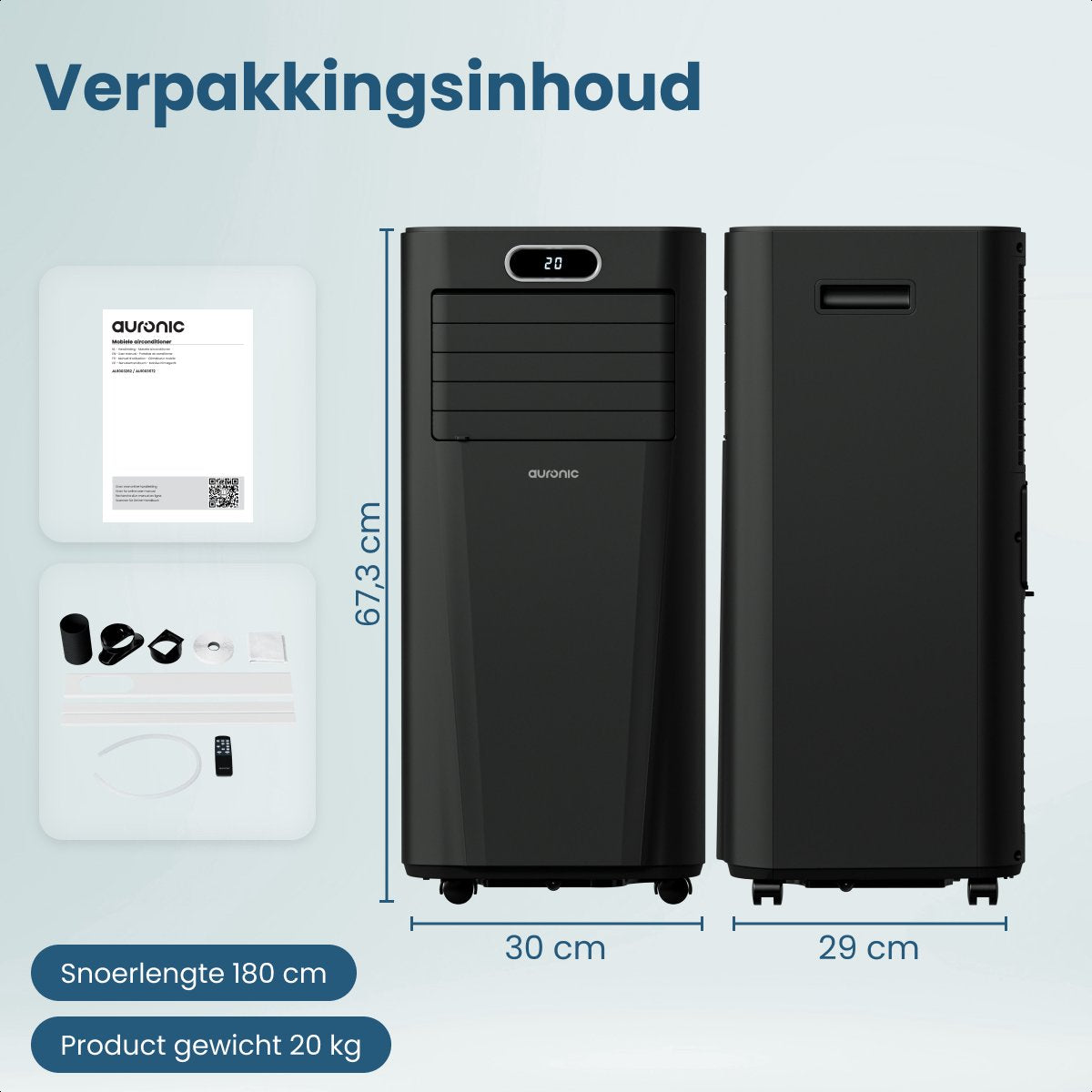 Auronic Mobile Klimaanlage Weiß – 7000 BTU – Bis zu 20 m² – 3-in-1 – Mit Fensterdichtungssätzen