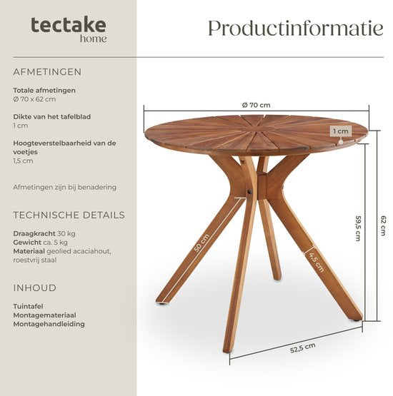 tectake® Runder Gartentisch aus Holz – Ø 70 x 62 cm – Akazienholz – Wetterfest – Außentisch – Bistrotisch – Beistelltisch – Tisch für Balkon und Terrasse – Auch für den Innenbereich geeignet