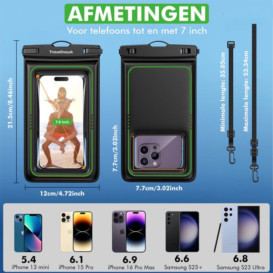 Travelhawk Wasserdichte Handyhüllen – Drybag-Set, 2er-Pack – Unterwasserhülle – Wasserdichte Handytasche – Für alle Smartphones geeignet – Auch für Reisepass und Bankkarten – Durchsichtig – Wasser - Urlaub - Schwimmen - Handy - Wasserdicht