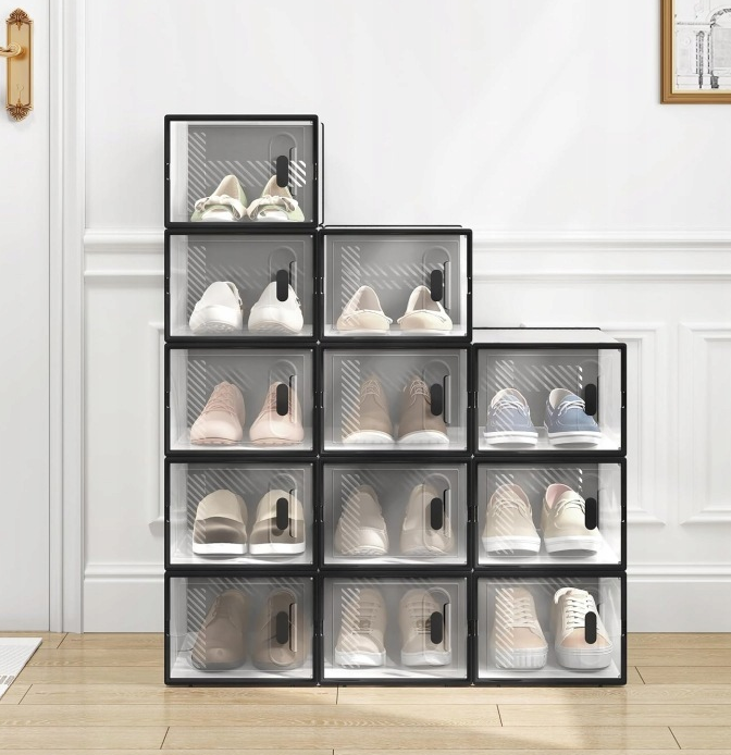 WOLTU Schuhschrank, transparent, schwarz – Set mit 12 stapelbaren Boxen, 35 x 25 x 19 cm