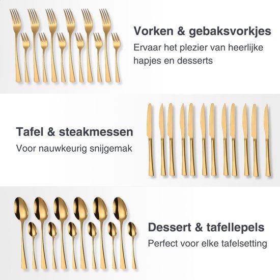 Deleca 6-Personen-Besteck-Set Harmony - Löffel, Messer, Gabeln, Steakmesser & Kuchengabeln - spülmaschinenfest - Weihnachtsgeschenk-Besteck - Gold/Edelstahl