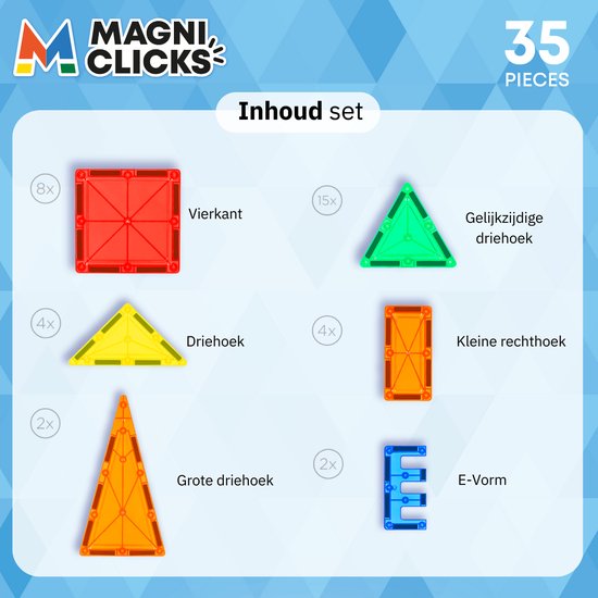 MagniClicks Magnetic Tiles 35 Stück - Magnetisches Spielzeug - Montessori - Magnetische Fliesen - Bausteine