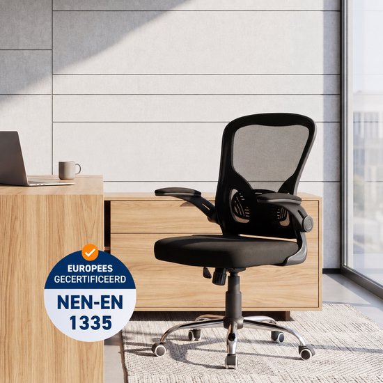 Infinity Goods Ergonomischer Bürostuhl – Office Chair – 4D-Lendenwirbelstütze & Netzbezug – Klappbare Armlehnen – Bis zu 150 kg – NEN-EN1335 – Schwarz