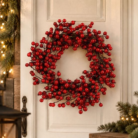 Mica Decorations Weihnachtskranz mit roten Beeren – Weihnachtsdekoration – Türkranz für den Innenbereich – Festliche Weihnachtsdekoration aus Schaumstoff – Durchmesser 40 x Höhe 10 cm – Rot