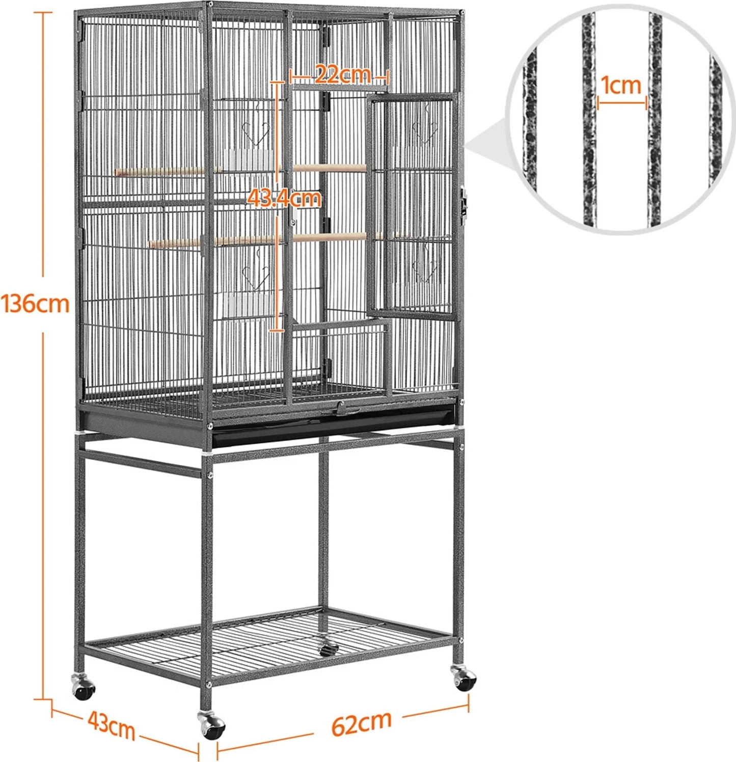 Yaheetech Vogelkäfig mit mobilem Sockel - mit herausnehmbarer Schublade und extra Ablagefläche und 4 Futterstellen - für Sittiche, Finken und Kanarienvögel - schwarz pulverbeschichtetes Metall - 61 x 43 x 136 cm