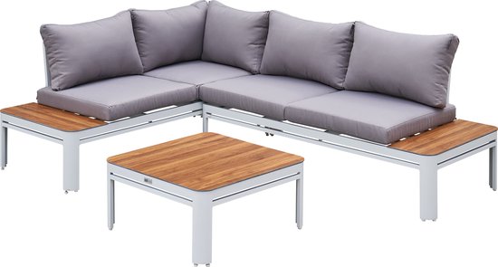 AXI Eos Lounge-Set mit Liege, weiß mit Holzoptik, PSPC – Eckgarnitur mit Tisch – Pulverbeschichtetes Aluminiumgestell – Integrierte Liege – Tischplatte aus PSPC
