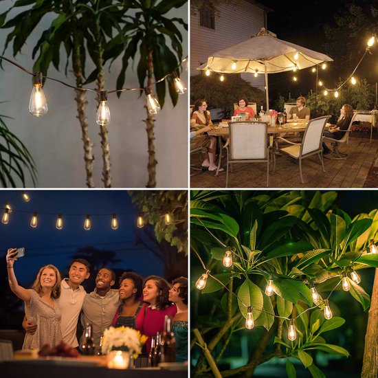 Partizzle 15m LED Lichterkette Edison - 25 Lampen Girlande - Wasserfeste Lichtergirlande für Terrasse und Camping - Weihnachtsbeleuchtung / Gartenbeleuchtung - 2700k / Warmweiß