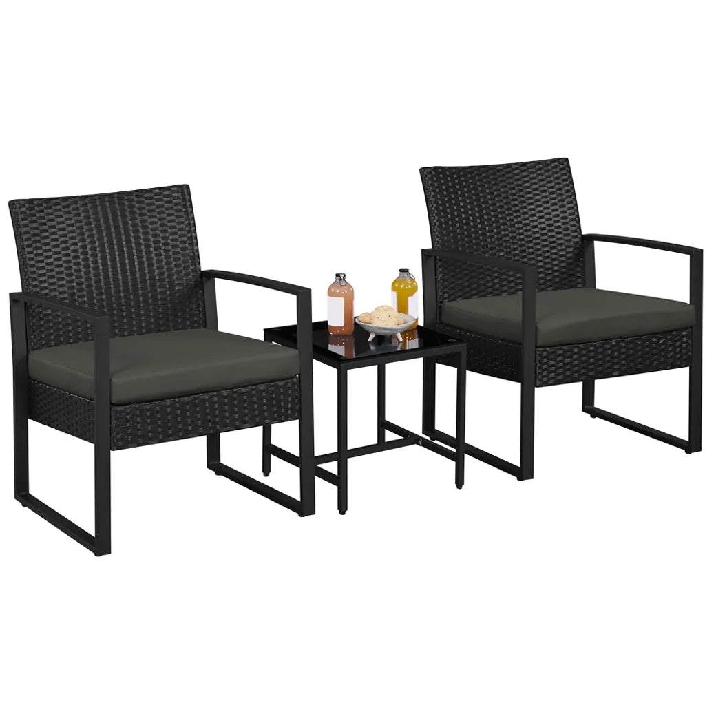 Yaheetech Gartenmöbel-Set, 3-teilig – Schwarz/Grau – Balkon-Set aus Polyrattan mit Beistelltisch