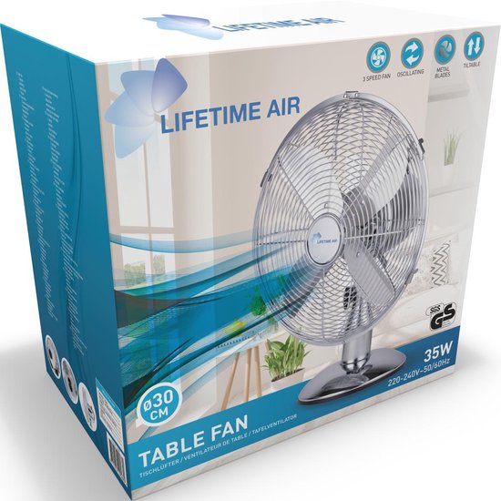 Lifetime Air Fan - Ø30 Cm - Retro - 3 Geschwindigkeiten - Neigbar - Schwenkfunktion - Chrom