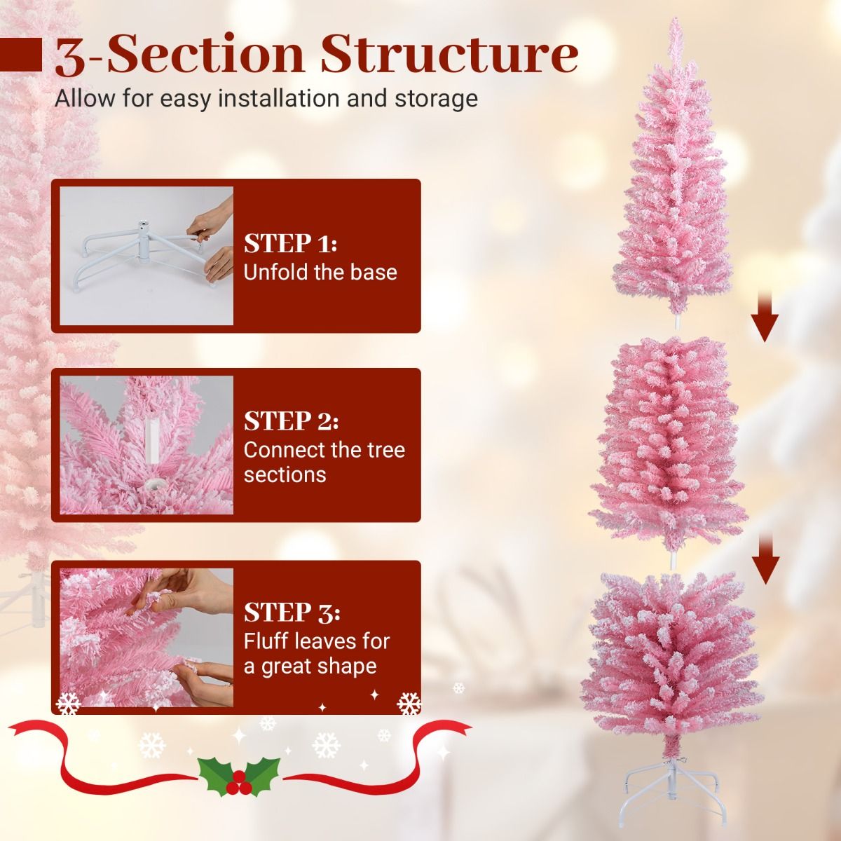 Coast Pink Künstlicher Weihnachtsbaum 180 cm - schlanke Bleistiftform - verschneite Äste - Metallständer