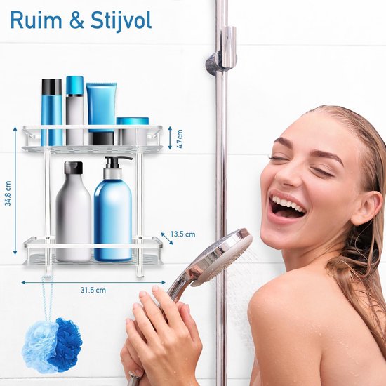 Happy Goods 2-stöckiges Duschregal ohne Bohren - Badezimmerregal - Duschregal silber hängend - Inkl 2 Haken - Badezimmerzubehör - Wandregal