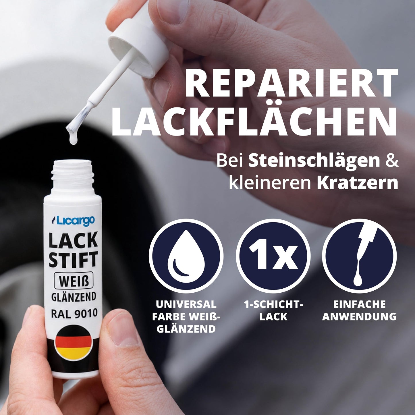 LICARGO Lackstift für die Autolackreparatur – glänzend weiß – mit Präzisionspinsel – hohe Deckkraft