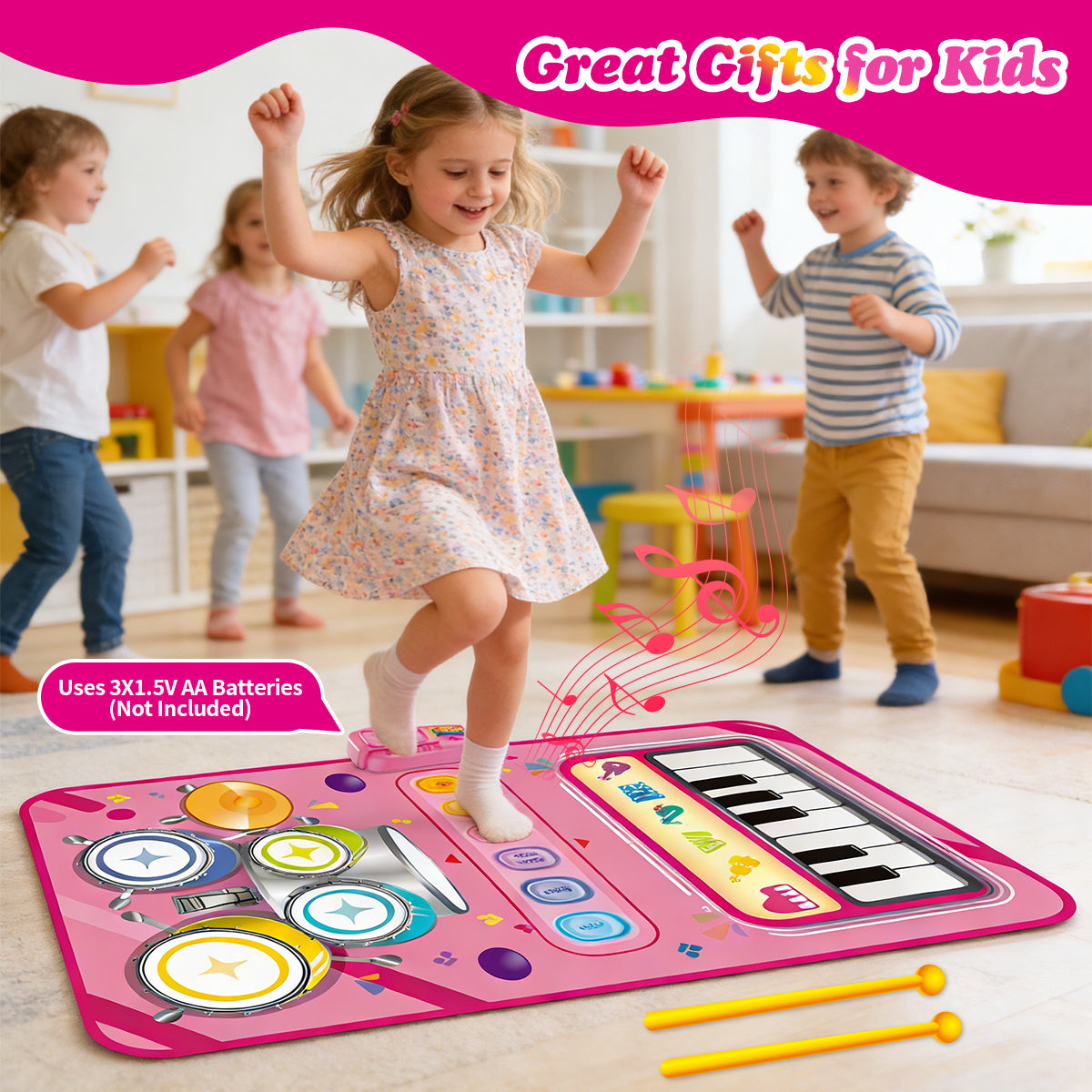 2-in-1-Spielmatte mit Klavier- und Jazz-Schlagzeug für Kinder, rosa