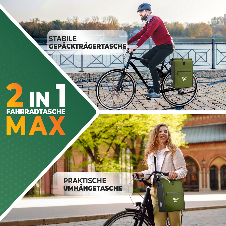 MiVelo Max - 2-in-1 wasserdichte Packtasche für Gepäckträger - Olivgrün - 25 L