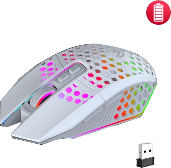 HXSJ T500 - Kabellose Gaming-Maus - Ultraleicht - RGB-Beleuchtung - Hellweiß